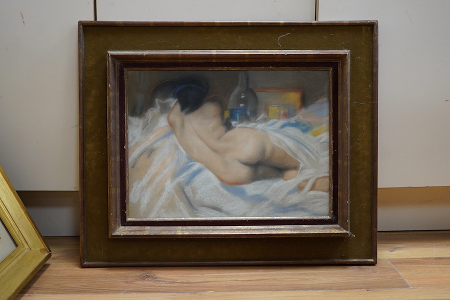 Charles Perron (French, 1893-1958), Study of a reclining nude woman, Cadres et Encadrement, Paris label verso, unsigned, pastel, 33 x 45cm